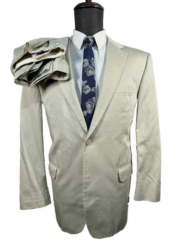 ANDREW FEZZA Mens Brown KHAKI COTTON Flat Front 2pc Suit 42R Jacket 38x29 Pant - Image 1 of 4