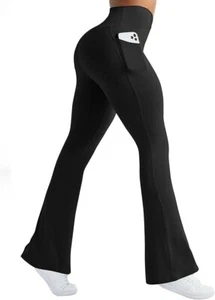 14-Womens Flare Yoga Pants w Pockets Crossover Flared Leggings Bootcut Bell Bott - Picture 1 of 16