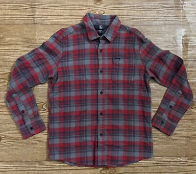 Xadrez Volcom vermelho/cinza manga longa botão para cima criança meninos tamanho médio/10Y - Imagem 1 de 4