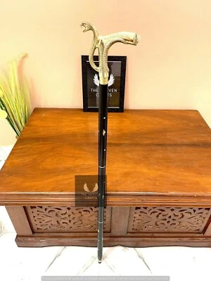 Vintage Solid Brass cobra Handle Antique Wooden Walking Stick Halloween Cane - Image 1 of 4
