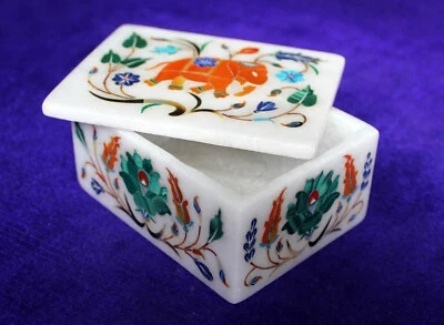 4" x 3" Marble Trinket Box Semi Precious Stones inlay Work handmade home decor - Image 1 of 4