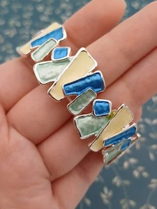 Contemporary Silver Tone Two Tone Blue & Cream Enamel Stretch Bracelet - Picture 1 of 10