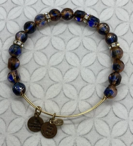 Alex and Ani Bark Eden Beaded Bangle Rafaelian Gold tone Used blue brown - Picture 1 of 10