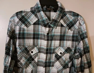 Helix Snap Long Sleeve Athletic Fit Plaid Mint Black White Men's Shirt Sz Large - Image 1 of 4