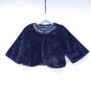 Haani Women's Large Cropped Coat Jacket Rhinestone Trim Faux Mink Fur Black - Picture 1 of 13