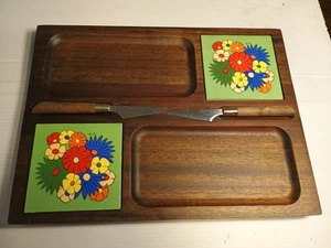 Vintage Imperial Cheese Board Serving Tray 70's Flowers with Knives  - Picture 1 of 9