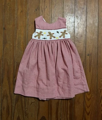 Vintage Smocked Frock Gingerbread Men Christmas Dress Size 2T - Image 1 of 4