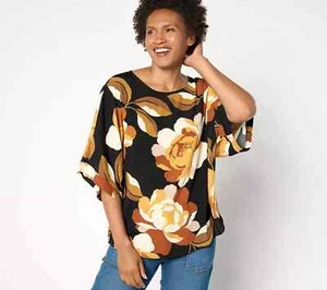 Susan Graver Regular Printed Rayon Crepe Dolman Sleeve Top - Blk/Gold - Small - Picture 1 of 2