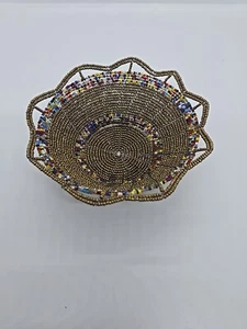 Handcrafted Wire and Seed Bead Bowl Gold and Multicolored Beaded Trinket 6” Dish - Picture 1 of 7