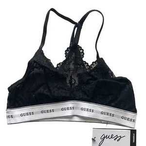 Nwt- Guess Logo Lace Triangle Bralette In Black Women's Size Small - Picture 1 of 6