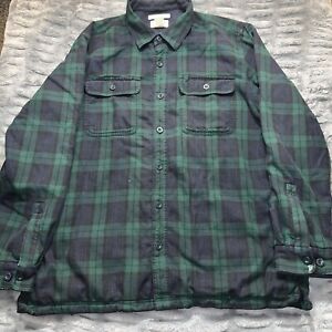 LL Bean Fleece Lined Button Up Flannel Shirt Mens Large Green Plaid *Holes