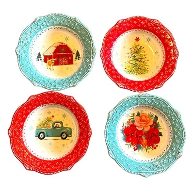 New Pioneer Woman Christmas Truck, Rose Set 4 Rimmed Bowls 9.25" Novelty Icons - Image 1 of 4
