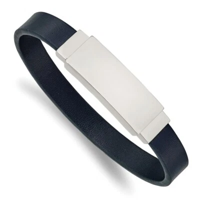 Stainless Steel Polished Blue Leather 8.5in ID Bracelet - Image 1 of 3