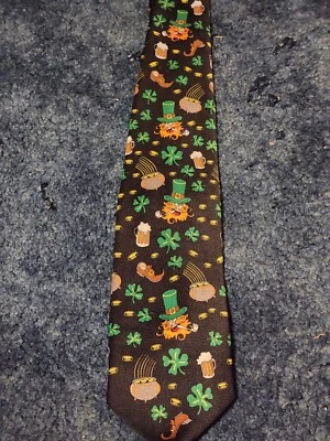 E. Graziano Black Men's Tie  St. Patrick's Day Leprechaun, Beer, Shamrocks coins - Image 1 of 4