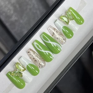๐ค CUSTOM Gel Press On False Nails, Green BLING 10p Set MED COFFIN NEW W Kit - Picture 1 of 11