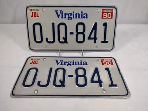 Lot of 2 License Plates Virginia 1990 Matched Set VA (OJQ-841) - Picture 1 of 6