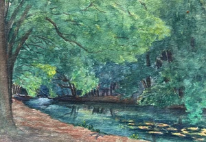 Vintage Original Drawing Landscape, Forest, Trees, River - Picture 1 of 8