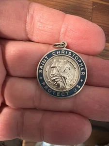 Vintage Stunning Sterling Silver Enamel Saint Christopher Protect Us Medal Charm - Picture 1 of 4