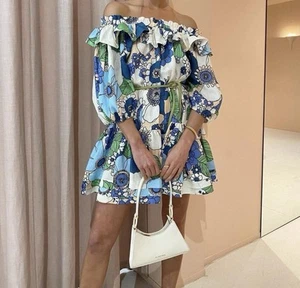 ALEMAIS Dress Farrah Ruffle Blue Linen Mini Size AU 8 / US 4 Short Off Shoulder - Picture 1 of 7