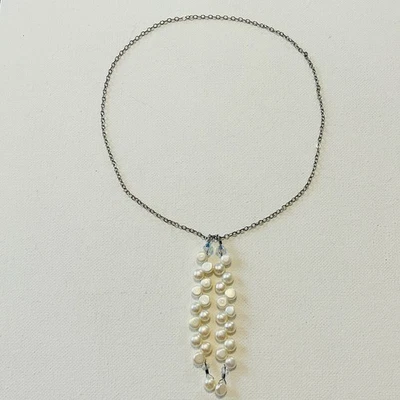 "Collar de plata esterlina con cadena de eslabones ovalados Lariat con acento de perlas longitud total 24""" Foto 1 de 4