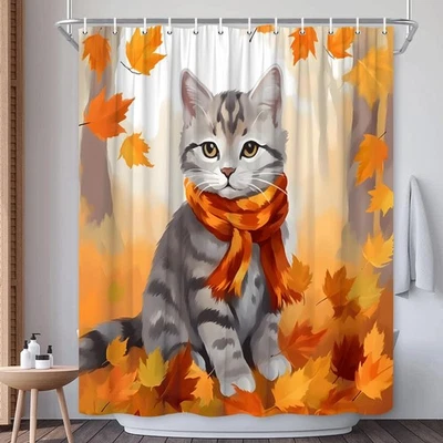 Fall Cat Maple Shower Curtain, Funny Kitten, Orange Leaf, Halloween, Hooks - Image 1 of 4