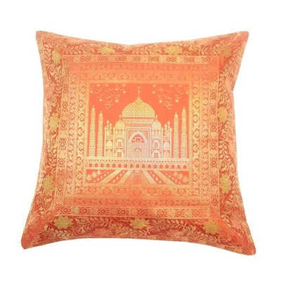 17x17 Inch Orange Cushion Cover Taj Mahal Woven Zari Brocade Banarasi Silk Decor - Image 1 of 4
