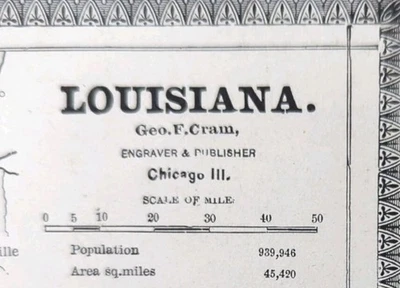 Vintage 1883 LOUISIANA Mapa 13"x11" Antigo Original NOVO ORLEANS METAIRIE LA - Imagem 1 de 4