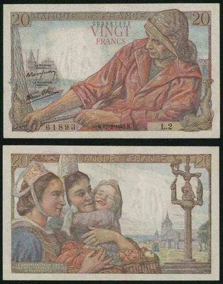 Scarce Currency 1942 France 20 Francs Banknote P100a Breton Fisherman & Women XF - Image 1 of 3