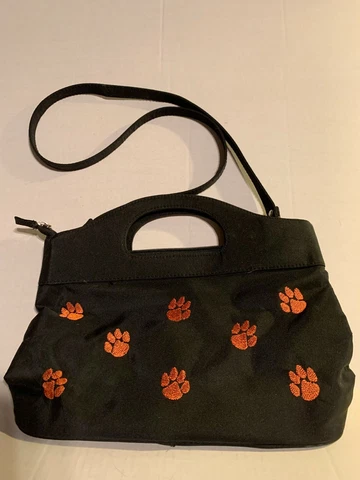 Vintage CLEMSON TIGERS Ladies Black Vinyl Zippered Purse with Embroidered Paws Cover