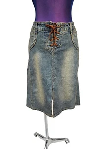 Gonna midi jeans vintage One Tuff Babe Y2K corsetto stringato spacco davanti taglia 5/6 H39 - Foto 1 di 9
