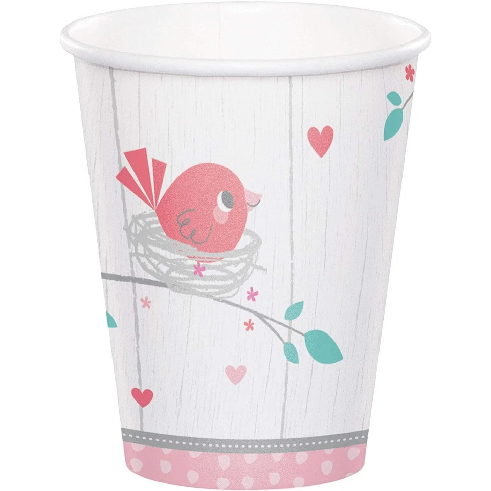 Hello Baby Girl Birds Flower Heart Pink Cute Baby Shower Party 9 oz. Paper Cups - Image 1 of 1
