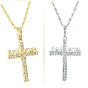 Collar colgante de cruz de diamantes simulado de 1 quid enchapado en oro 14K para mujeres y hombres - Imagen 1 de 12