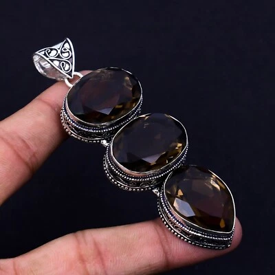 Fumoso Topazio Gemma Fatto a Mano 925 Pendente Argento Sterling Per Anniversario - Immagine 1 di 4