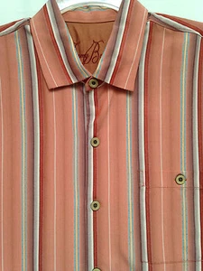 Tommy Bahama Size L Men Hawaiian Aloha Coral Blue Burgundy Stripe SS Shirt - Picture 1 of 4