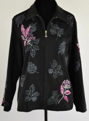 Chaqueta TanJay Mujer Talla 14 Negra Bordada Rosa Floral Forrada Gamuza Sensación Foto 1 de 4