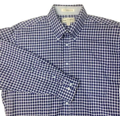 Paul Fredrick Slim Fit 17-33 Mens Blue White Check Pattern Button Down Shirt - Image 1 of 4