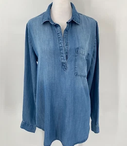Anthro CLOTH & STONE Popover Shirt Sz M Blue Denim Chambray Split Neck Boyfriend - Picture 1 of 14