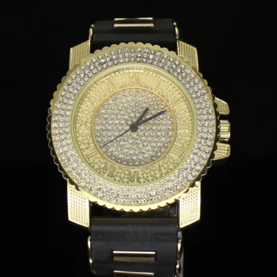 Reloj de lujo con correa de goma enchapada en oro 46 mm circonita cúbica analógico bisel de 3 filas para hombre Foto 1 de 3