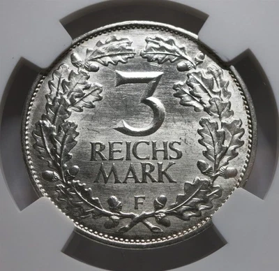 GERMANY Weimar 3 Reichsmark 1925 F NGC MS 62 UNC Rhineland Silver Knight Oak - Image 1 of 4