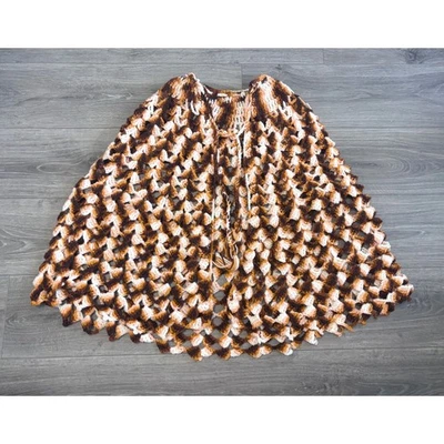 Crochet Knit Cover Up Poncho Shawl Brown Beige Tassel Boho Hippie Handmade - Image 1 of 3