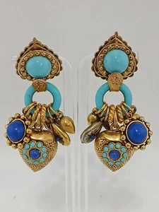 ZOE COSTE FRANZÖSISCHER DESIGNER SELTENE GOLDFARBENE BLAUE STEINE BAUMELN CHARMS CLIP OHRRINGE - Bild 1 von 14