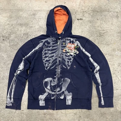Sudadera con Capucha De Colección Y2k Ed Hardy Para Hombres 2XL Azul Cremallera Completa Huesos Esqueleto Love Kills AOP Foto 1 de 4