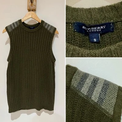 Chaleco sin mangas tejido vintage Burberry 100 % lana merino acanalado verde oliva camuflaje S Foto 1 de 4