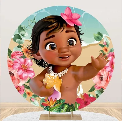 Round Circle Baby Moana Backdrop Happy Birthday Princess Photo Background Banner - Image 1 of 4