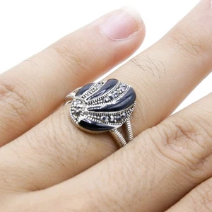 Echter schwarzer Onyx und Markasit Edelstein Ring, 925 Sterling Silber - Größe US 8 - Bild 1 von 5