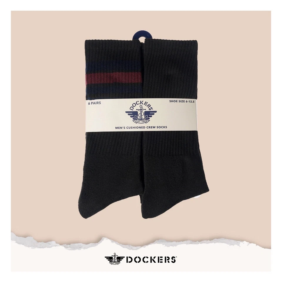 DOCKERS Mens Socks Crew Cushioned Breathable 6 Pair Shoe Size 6-12.5 Black