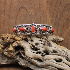 Vintage Sterling Silver Southwestern Five-Stone Coral Cuff Bracelet - Picture 1 of 5
