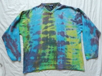 Tie Dye Blue Purple Green V-Neck Pullover Sweater - 2XL Mens Hand Made Cotton - Image 1 of 4