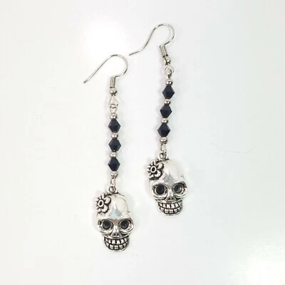 E0669 Vintage Retro Black Tone Beads  Skull Bone Shape Drop Dangle Earrings - Image 1 of 3