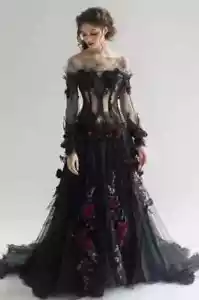 Vintage Gothic Black Wedding Dresses Long Sleeves with Flowers Bridal Gowns - Picture 1 of 10